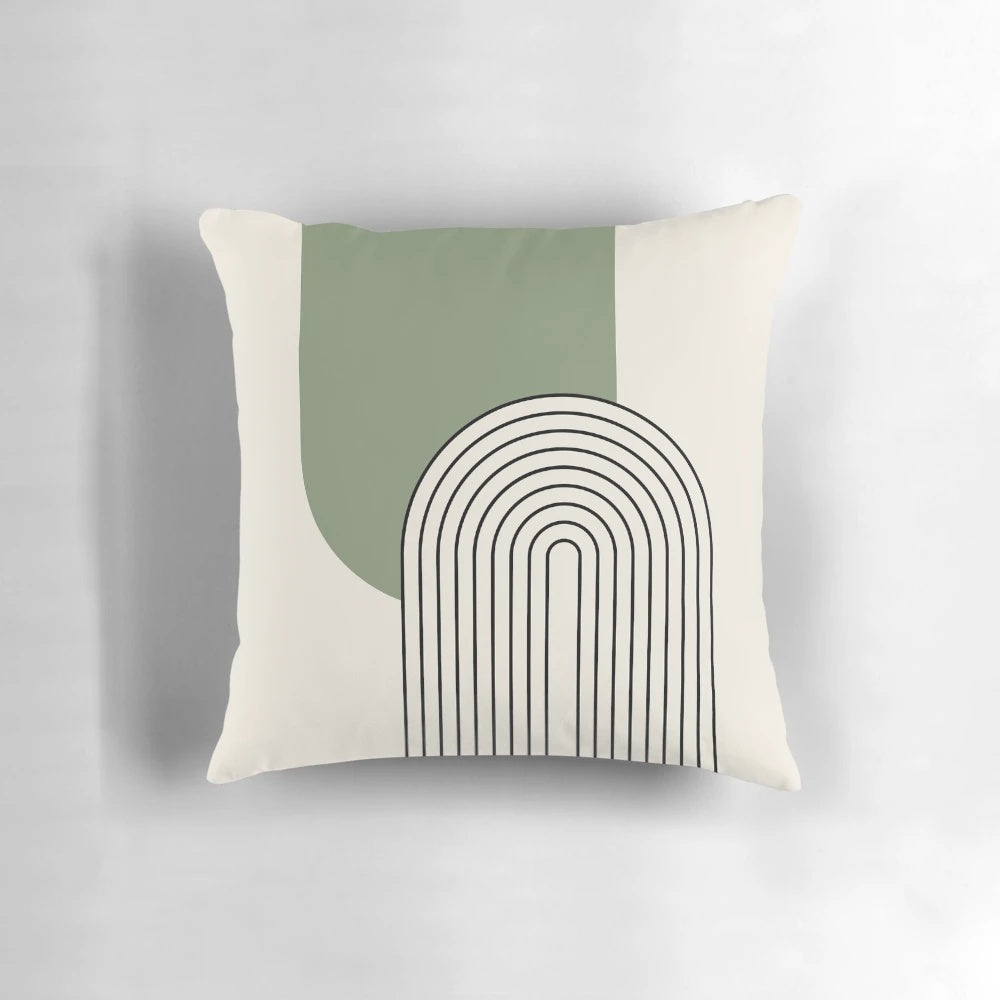 A minimalist mid century style pillow featuring a green arched line design in a modern, abstract aesthetic.