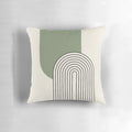A minimalist mid century style pillow featuring a green arched line design in a modern, abstract aesthetic.