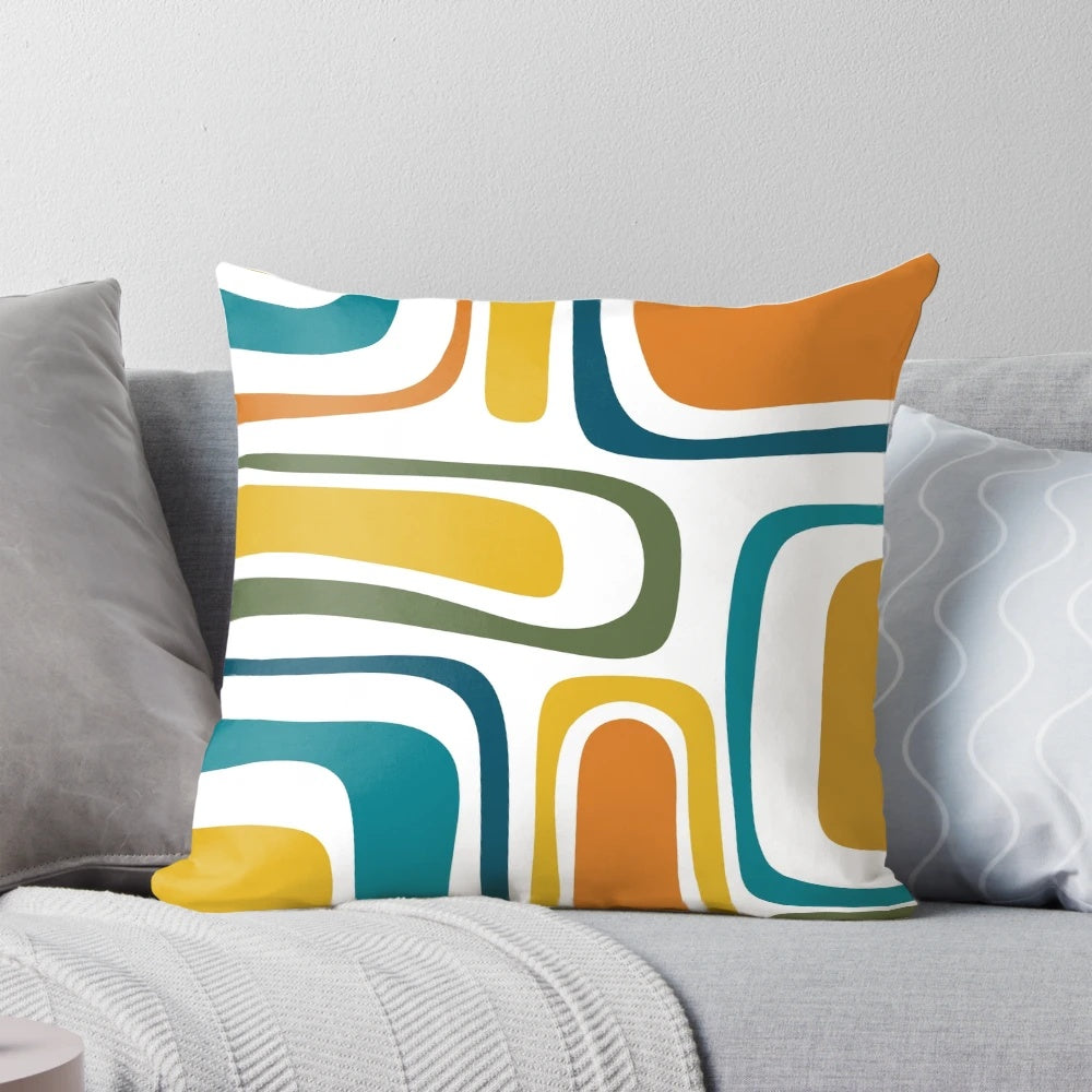 Retro Midcentury Modern Abstract Pattern Moroccan Teal Mustard Orange Olive Throw Pillow