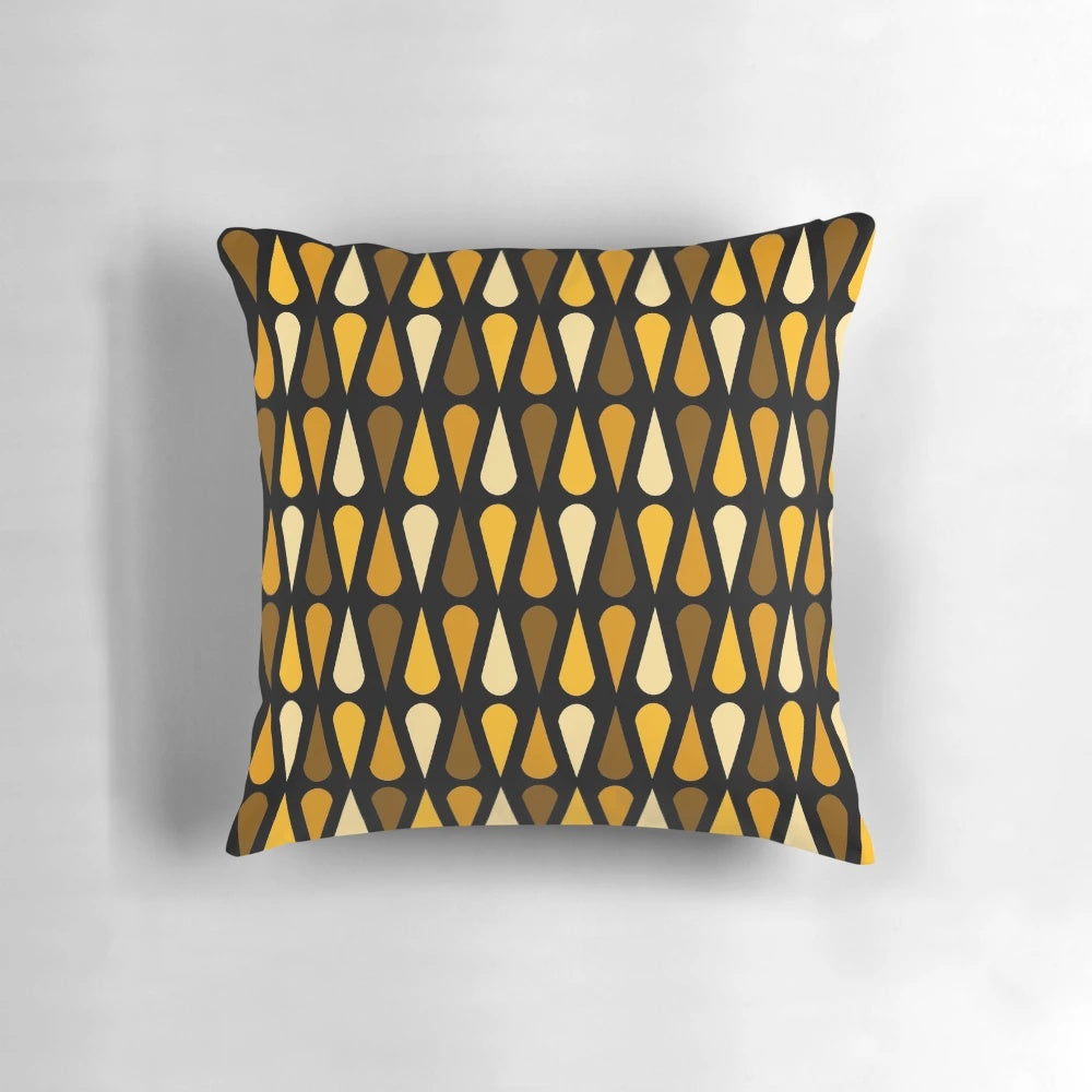 Retro midcentury modern minimalist teardrops pattern pillow in black and ochre colors