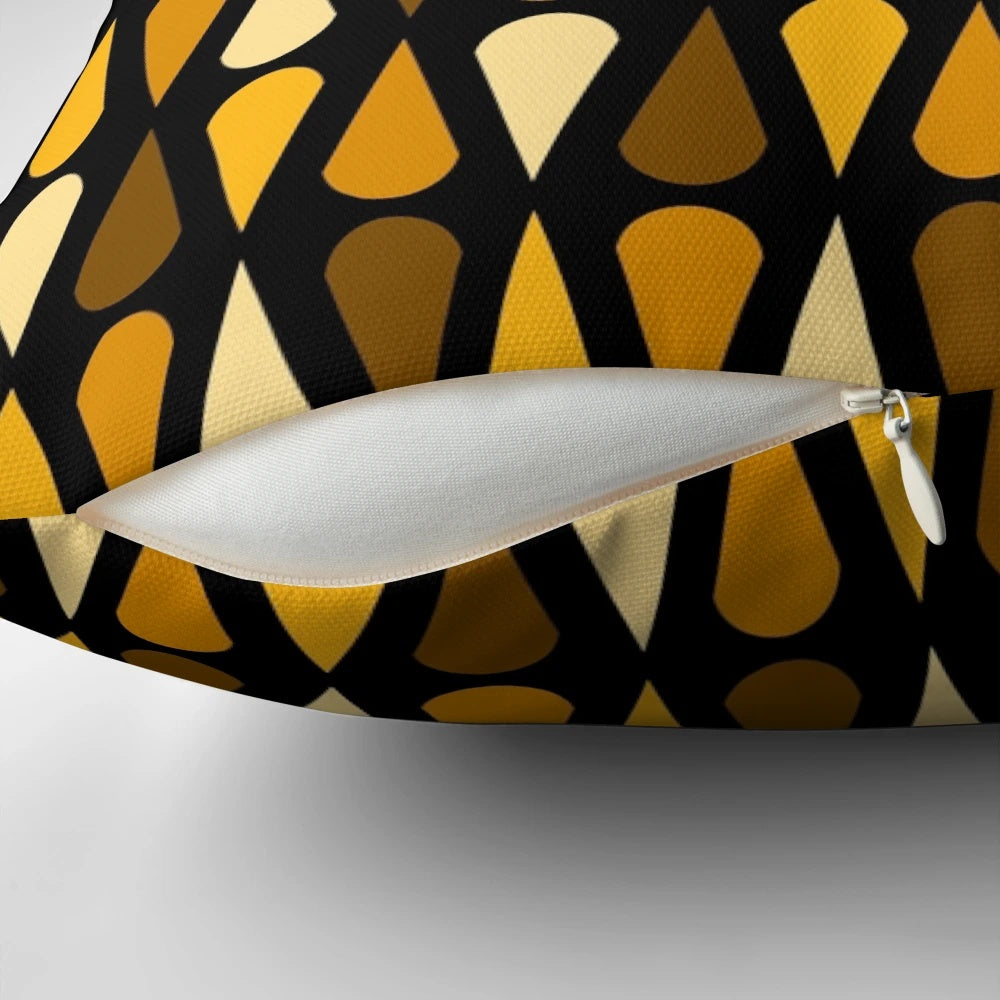 Retro midcentury modern minimalist teardrops pattern pillow in black and ochre colors