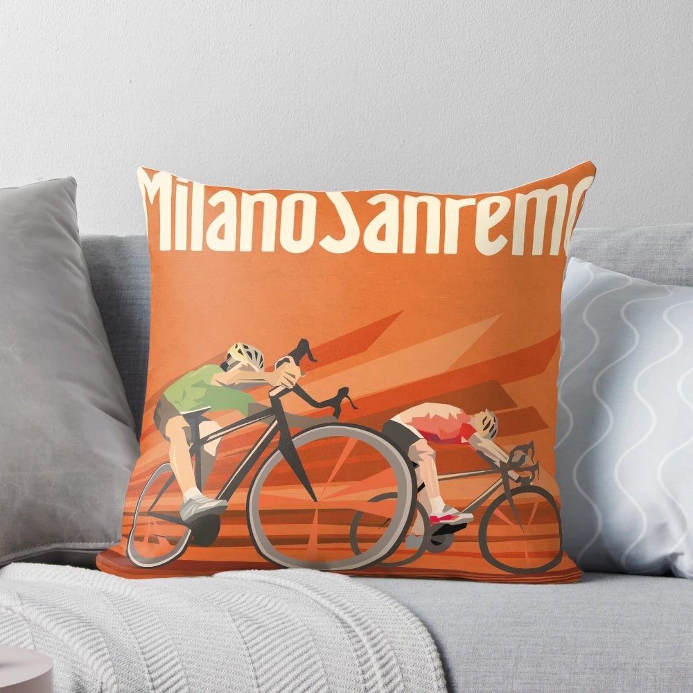Retro Milan-San Remo cycling art pillow featuring a vintage, illustrated design of the iconic cycling race.