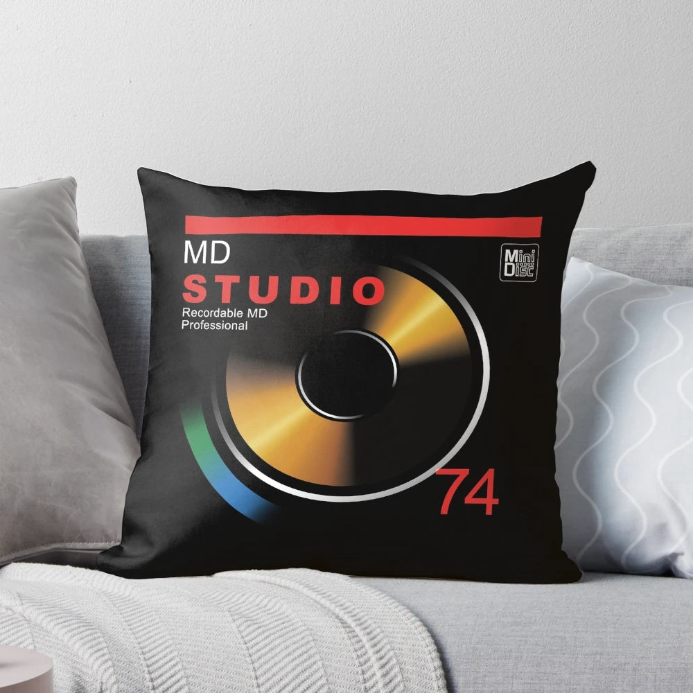 Retro minidisc pillow with nostalgic audio and vintage music disc design