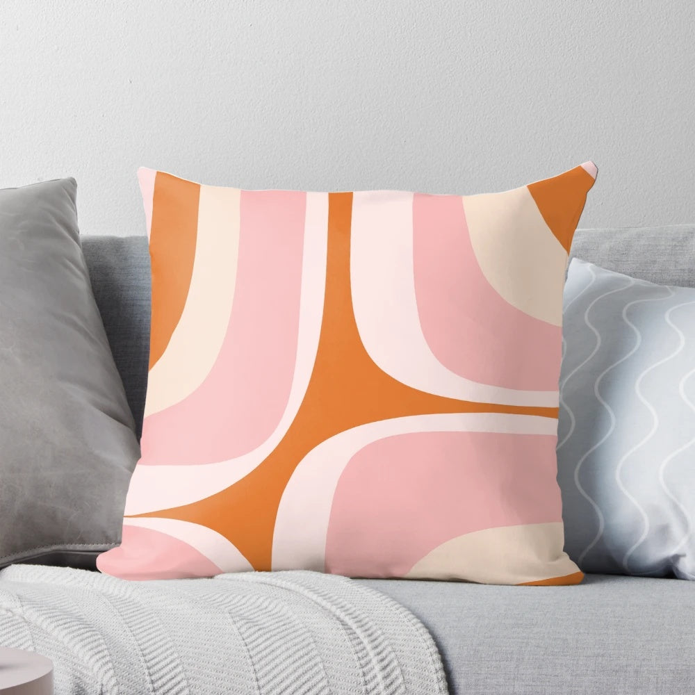 Retro minimalist abstract design throw pillow in pink and orange colors