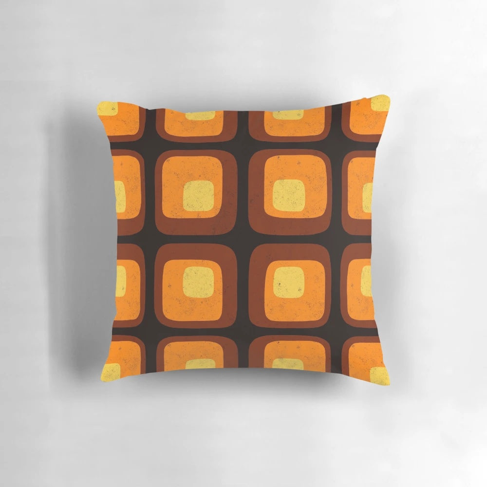 Colorful and vibrant 60s-inspired retro mod pillow with a funky pattern of squares and distressed design
