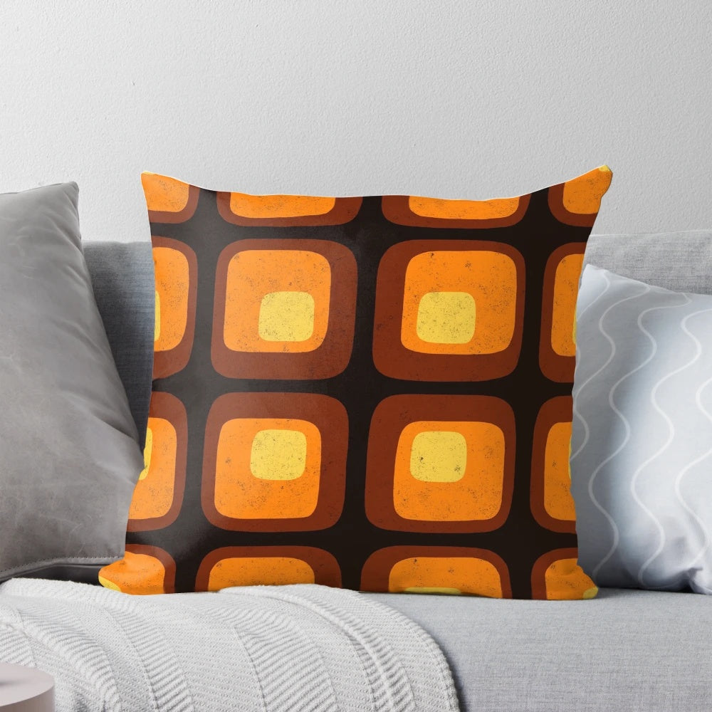 Colorful and vibrant 60s-inspired retro mod pillow with a funky pattern of squares and distressed design