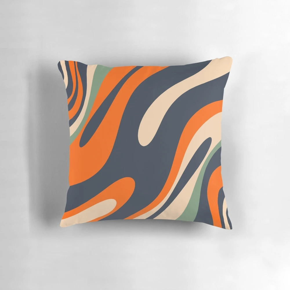 Vibrant abstract pattern in blue, orange, green, and beige tones on a decorative throw pillow with a distorted, trippy visual effect.