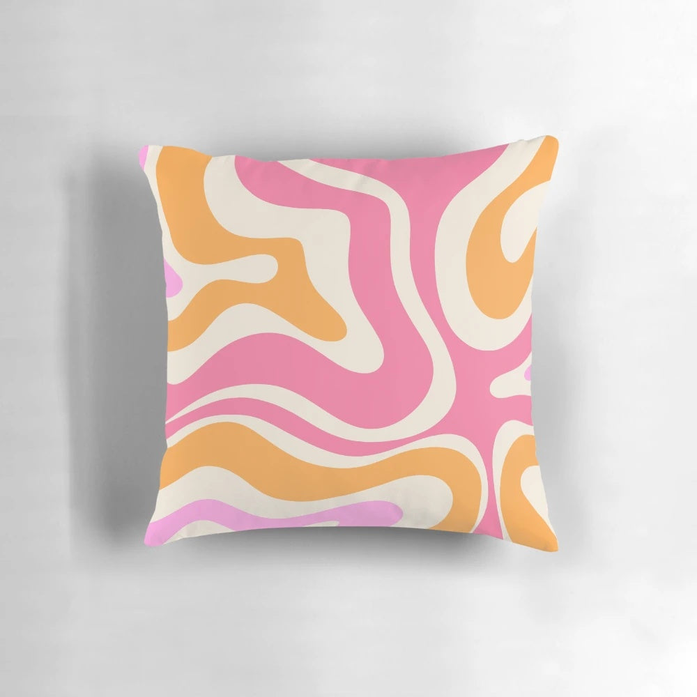 Retro modern abstract swirl pattern decorative throw pillow in shades of pink, orange, marigold, and cream