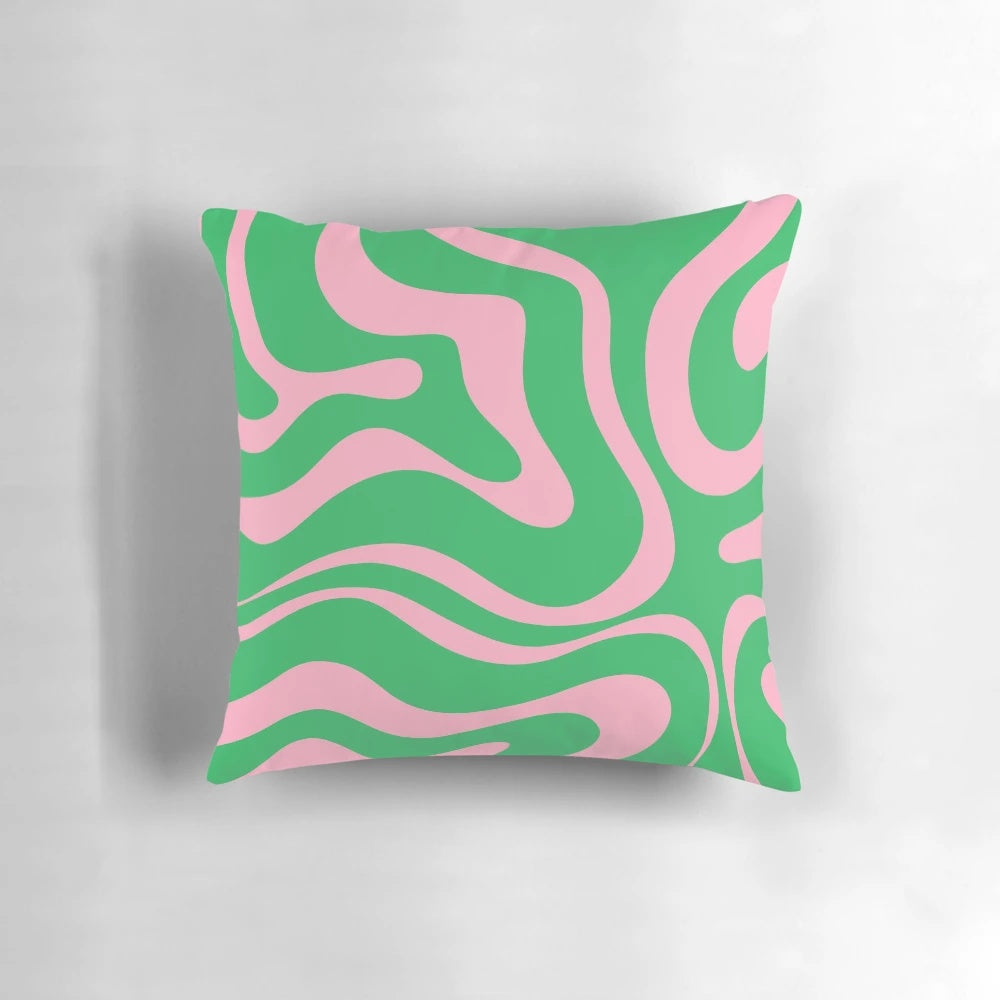 Vibrant retro modern abstract pattern throw pillow in shades of spring green and pink