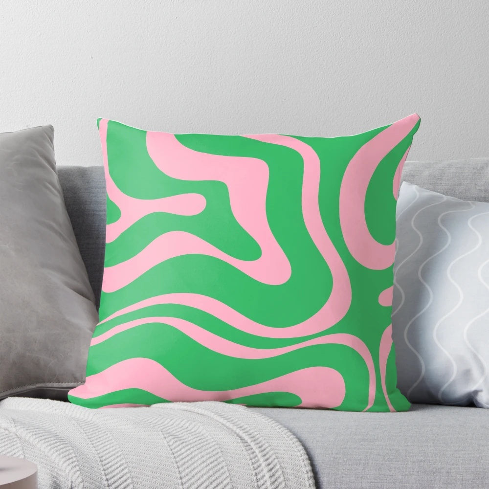 Vibrant retro modern abstract pattern throw pillow in shades of spring green and pink