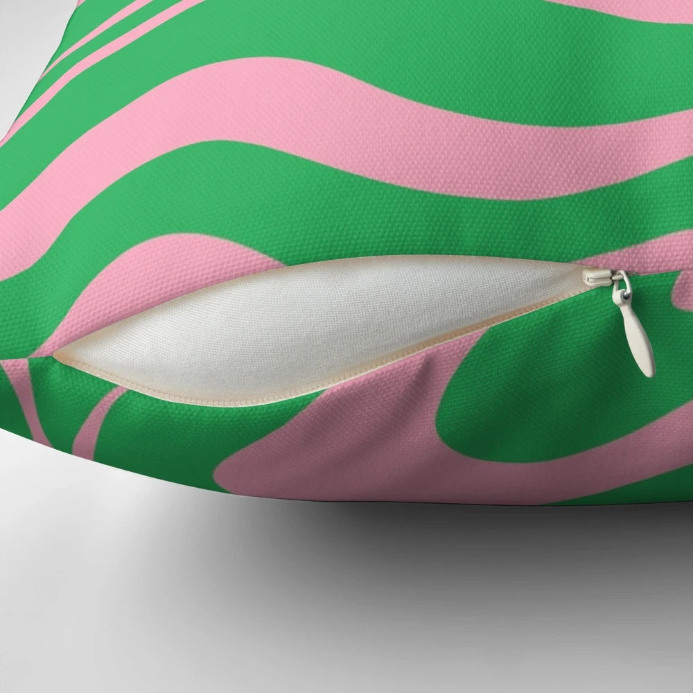 Vibrant retro modern abstract pattern throw pillow in shades of spring green and pink