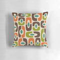 Mid century modern abstract throw pillow in shades of brown, blue, green, orange, and beige