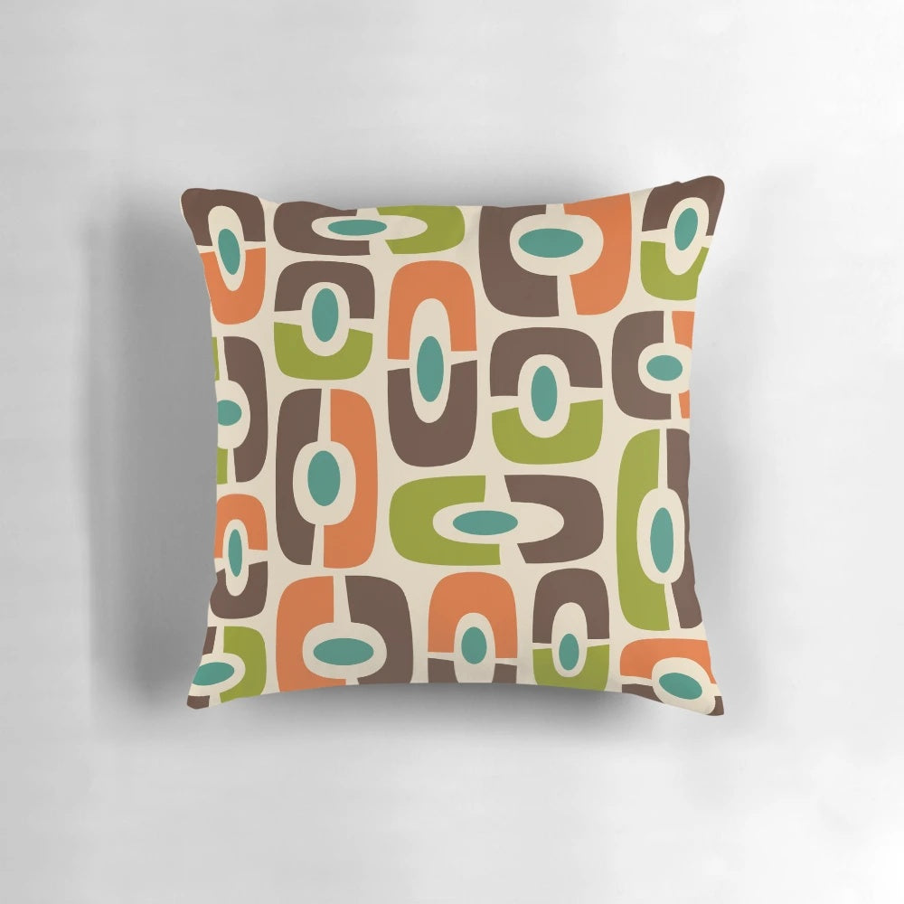 Mid century modern abstract throw pillow in shades of brown, blue, green, orange, and beige