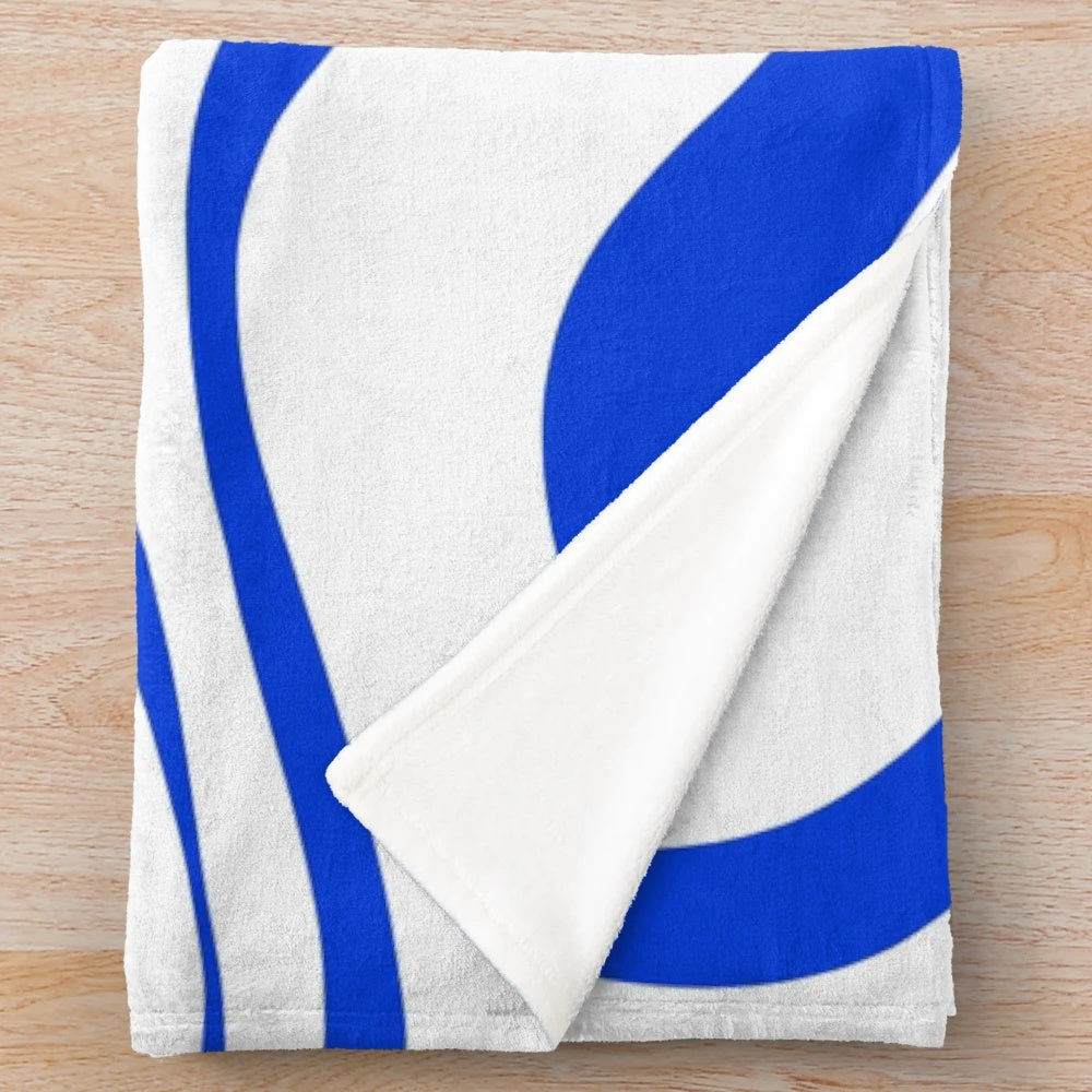 Retro modern plush blanket with abstract liquid swirl pattern in royal blue and white