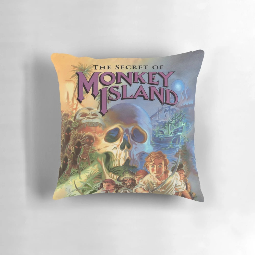 A decorative throw pillow featuring the iconic characters and imagery from the classic adventure game, The Secret of Monkey Island.