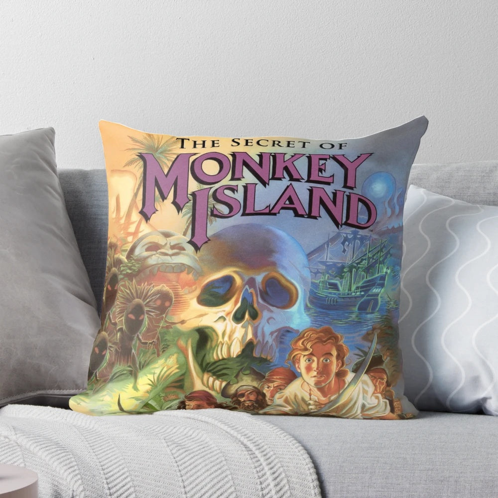 A decorative throw pillow featuring the iconic characters and imagery from the classic adventure game, The Secret of Monkey Island.