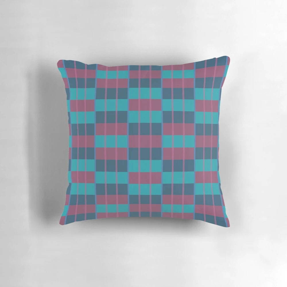 Moquette-inspired blue and maroon patterned throw pillow, perfect for home decor