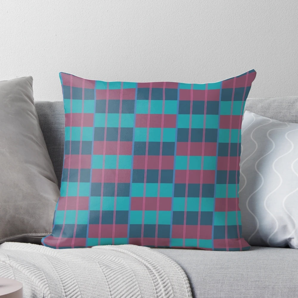 Moquette-inspired blue and maroon patterned throw pillow, perfect for home decor