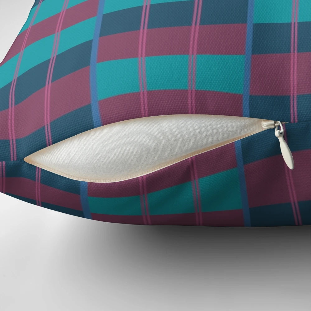 Moquette-inspired blue and maroon patterned throw pillow, perfect for home decor