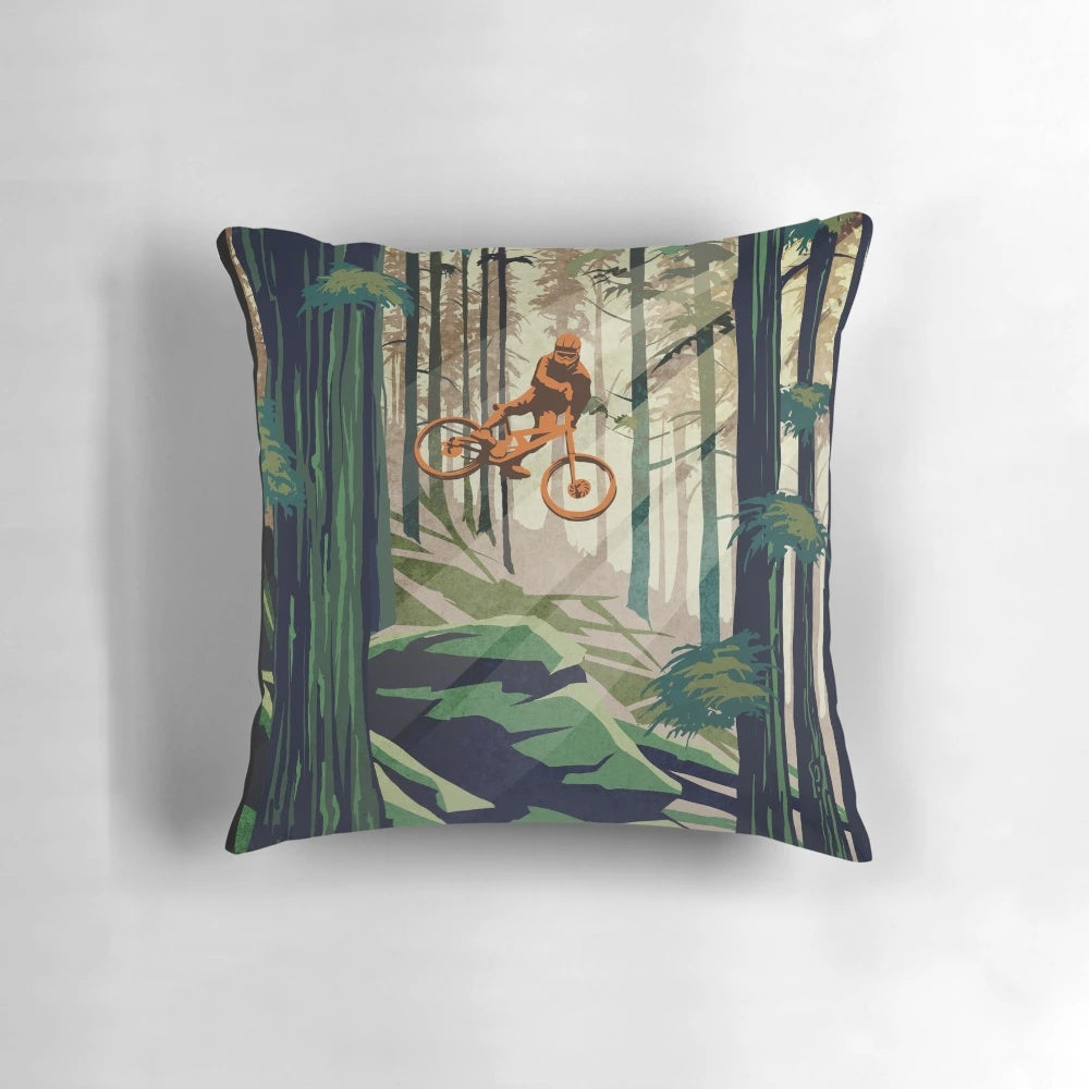 Retro mountain bike motivational art pillow featuring a downhill rider on a classic mountain bike
