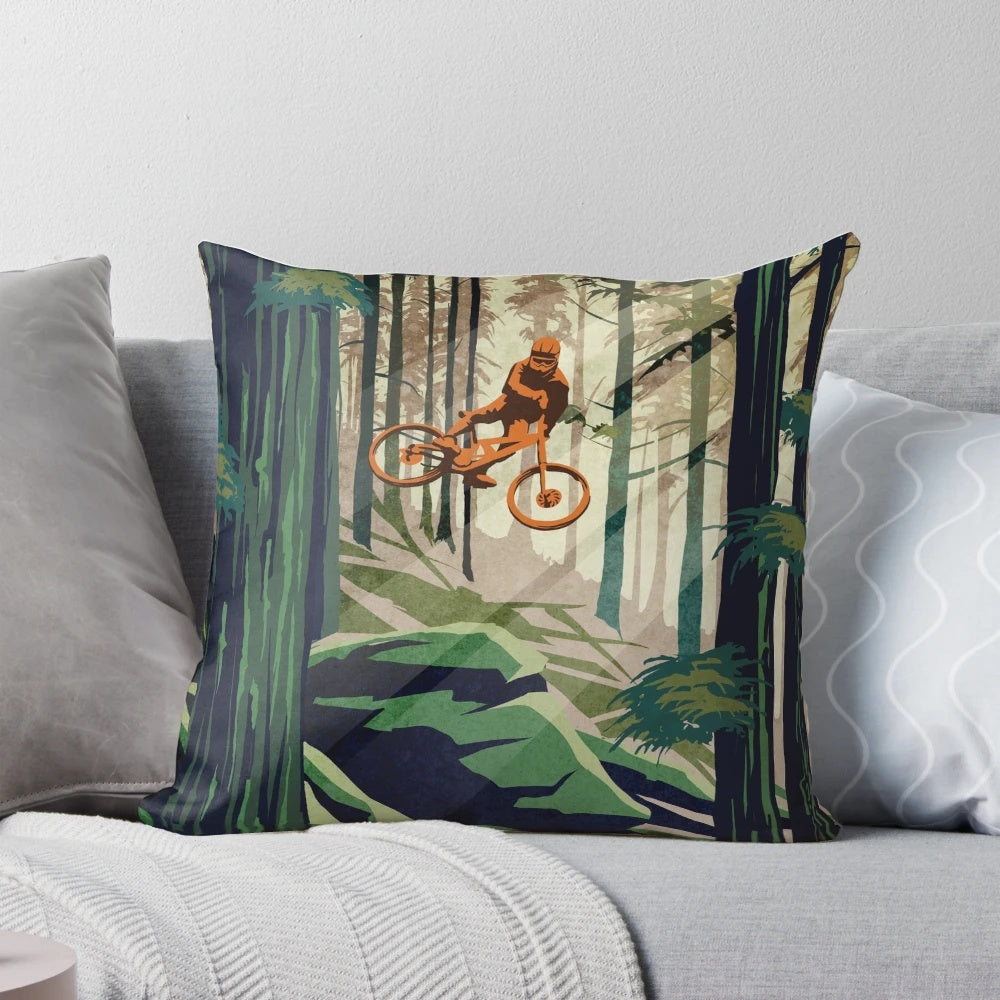 Retro mountain bike motivational art pillow featuring a downhill rider on a classic mountain bike