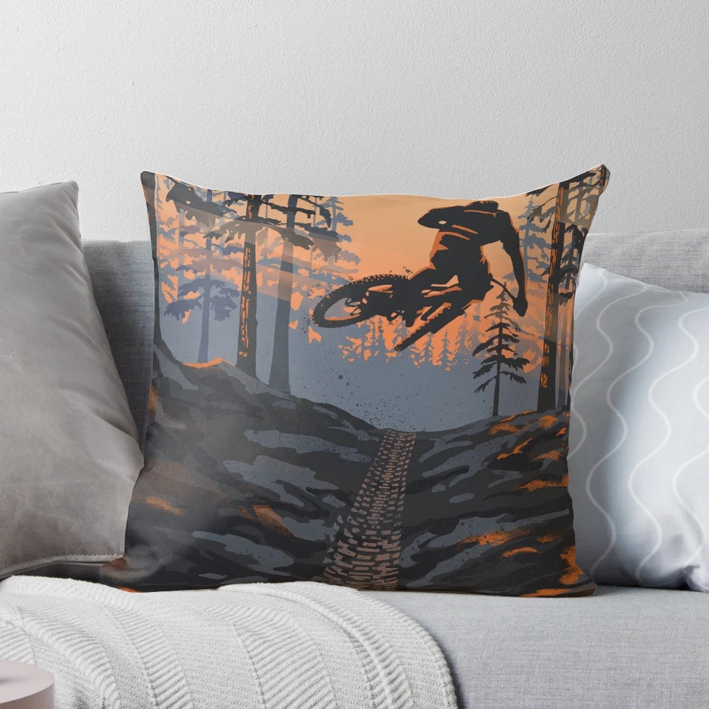 Retro-inspired mountain biking pillow featuring a scenic sunset landscape with a dirt jumper cyclist.