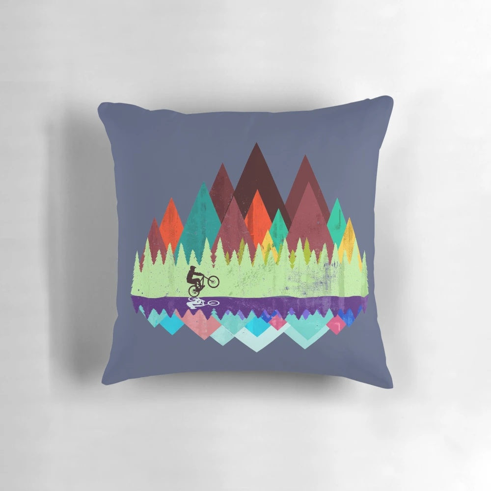 Retro-styled mountain bike trails pillow for cycling enthusiasts
