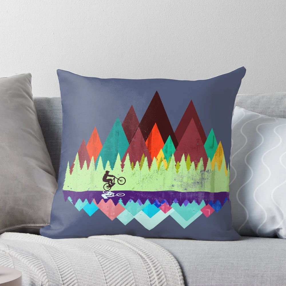 Retro-styled mountain bike trails pillow for cycling enthusiasts