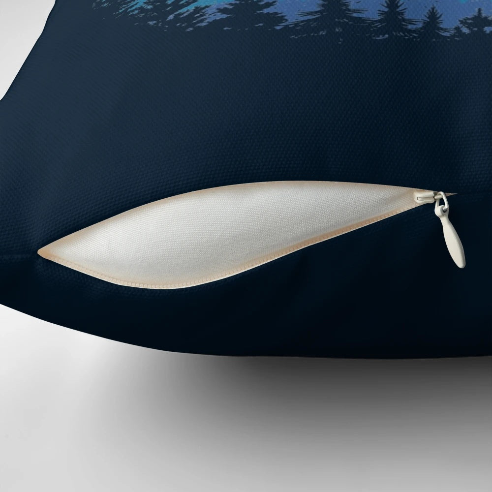 Vintage-inspired mountain biking pillow featuring a cyclist jumping over a sunset landscape