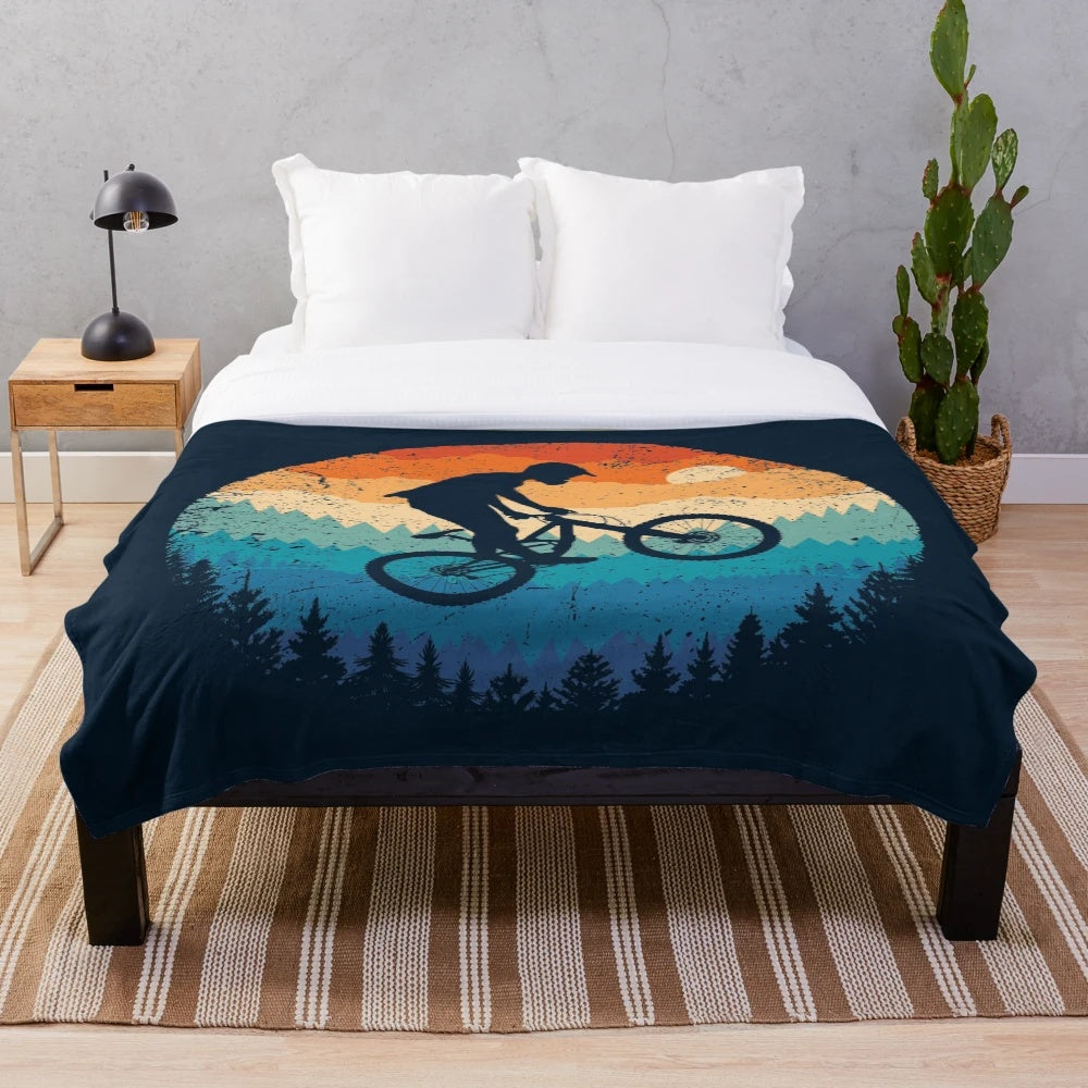 Retro mountain biking plush blanket with cyclist and bicycle