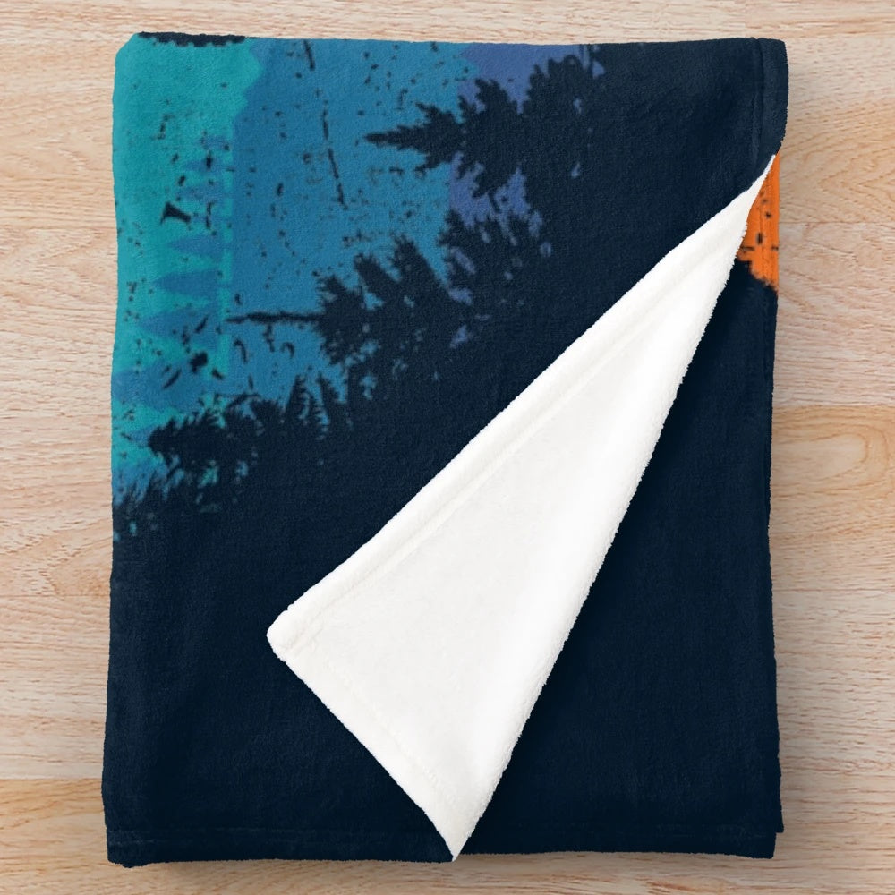 Retro mountain biking plush blanket with cyclist and bicycle