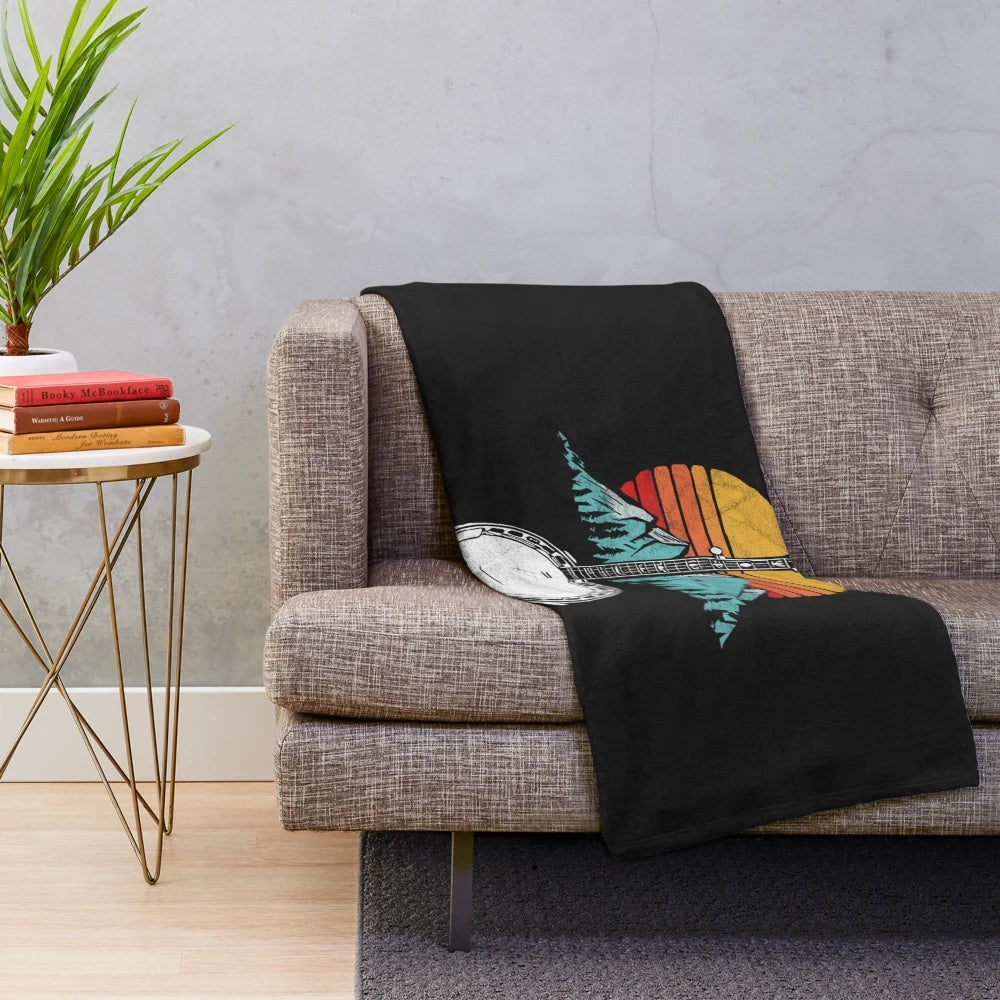 Retro bluegrass plush blanket with mountain and banjo design