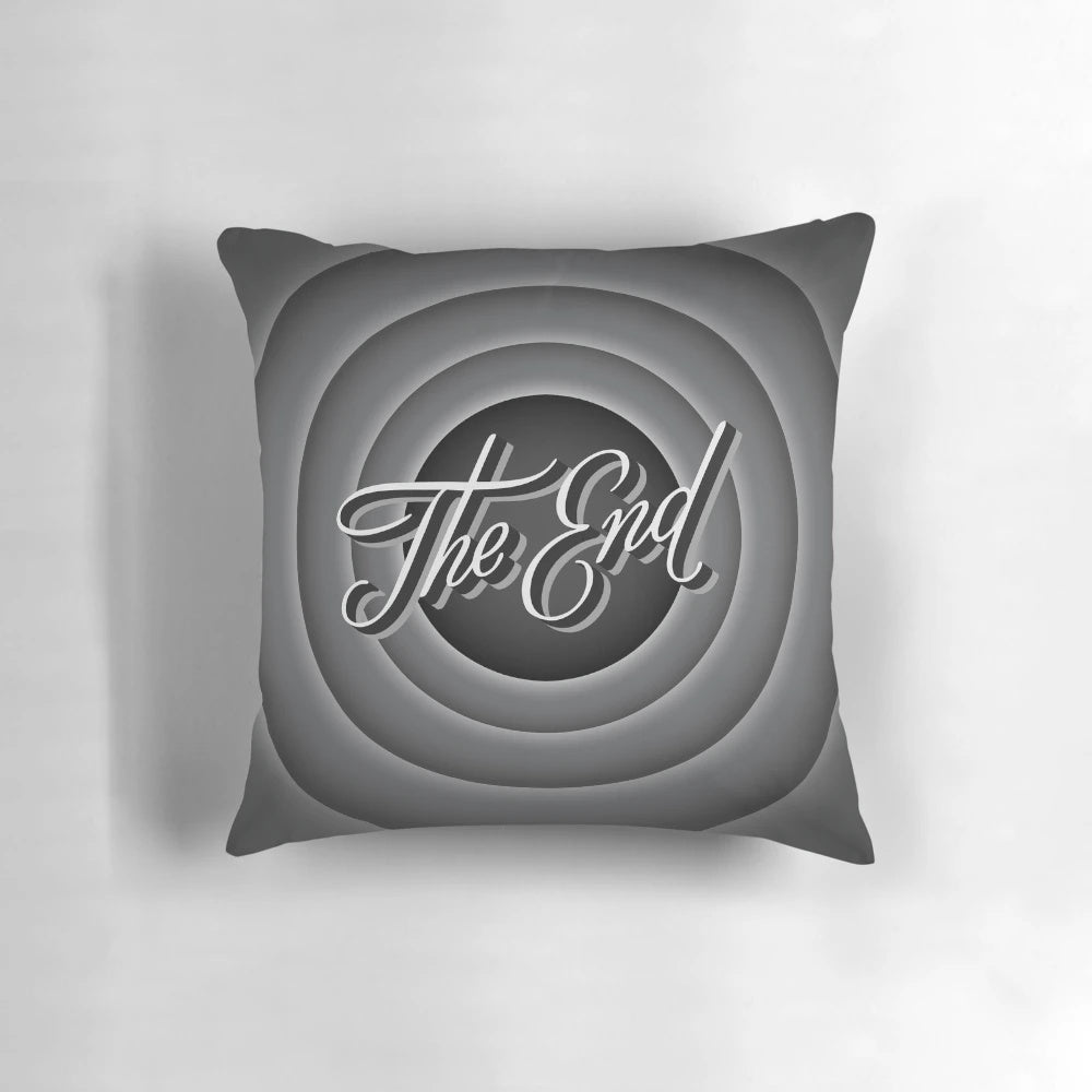Retro movie ending screen decorative throw pillow, featuring a nostalgic cinema-inspired design.