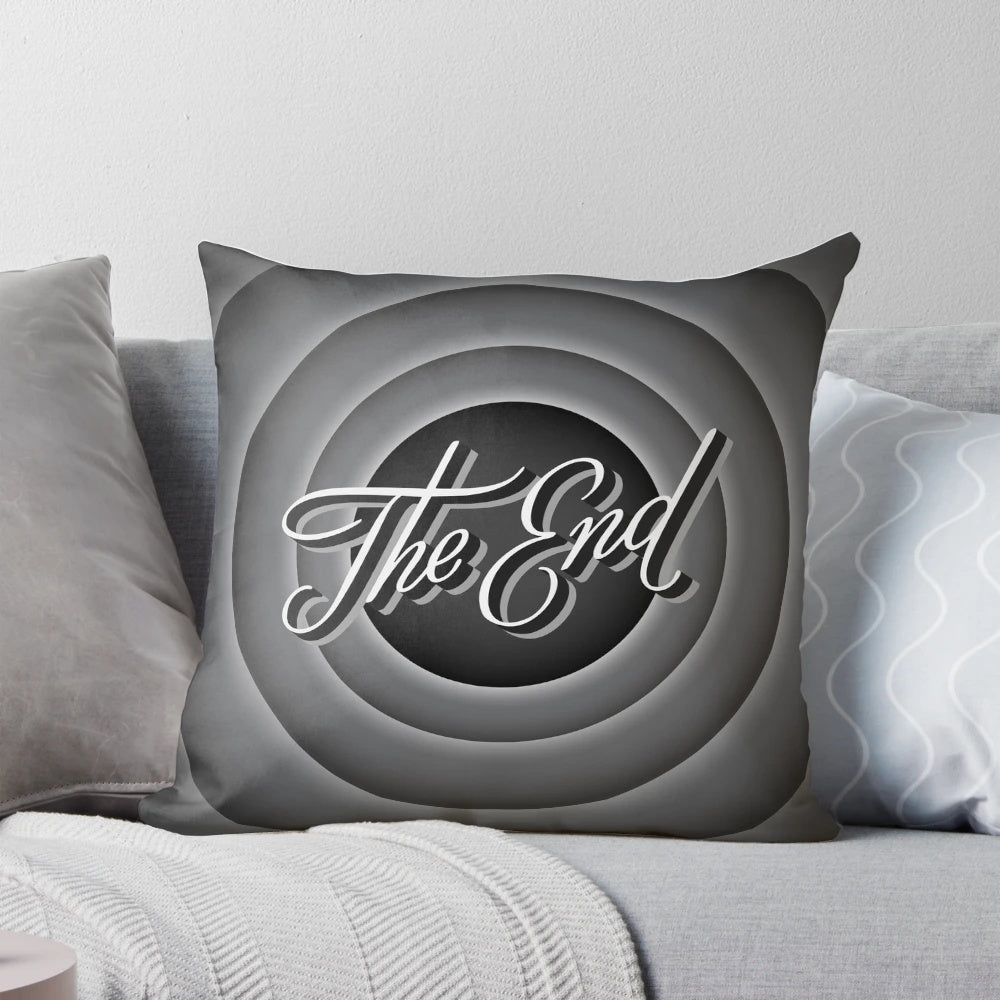 Retro movie ending screen decorative throw pillow, featuring a nostalgic cinema-inspired design.