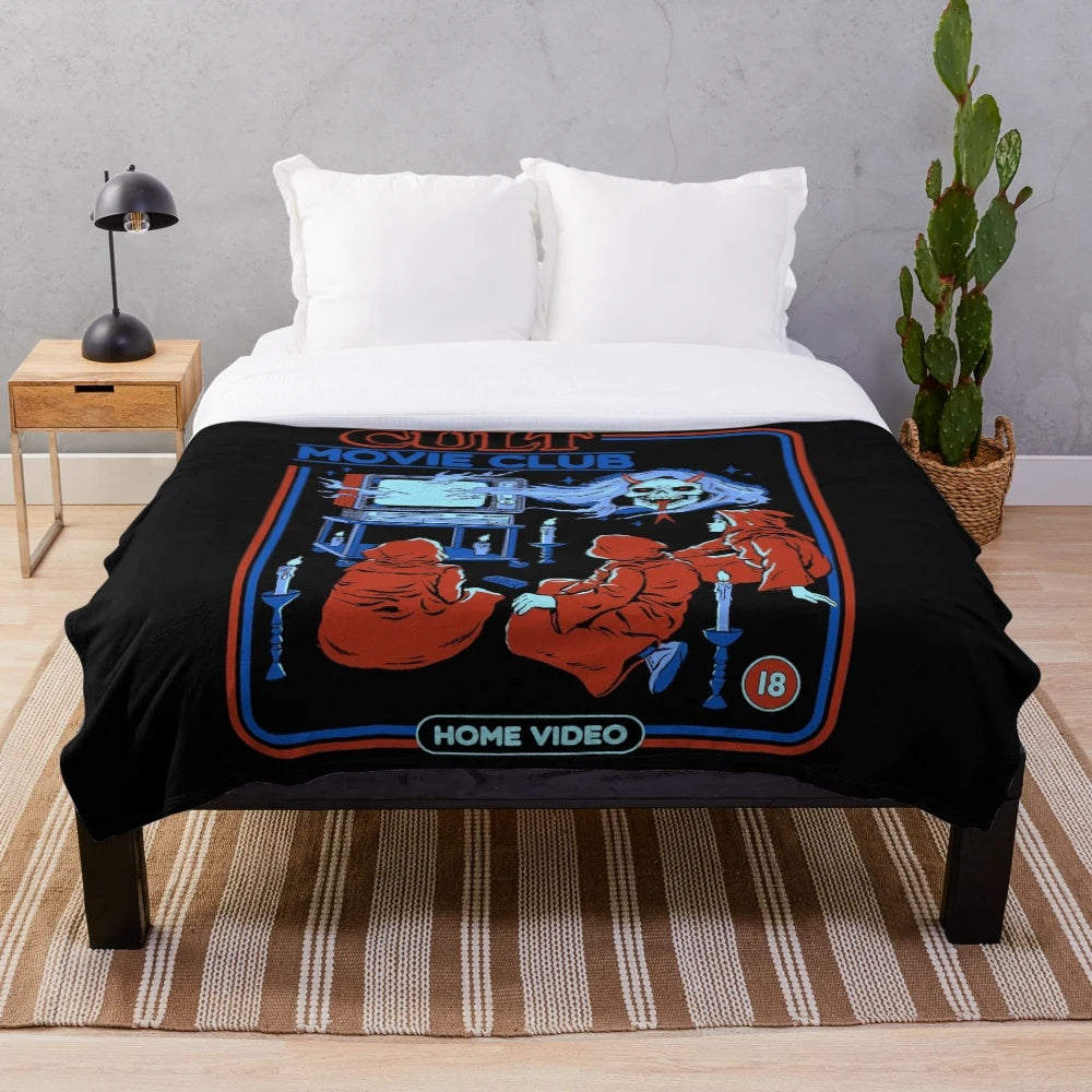 Retro movie fan plush blanket featuring horror and cult movie inspired graphics