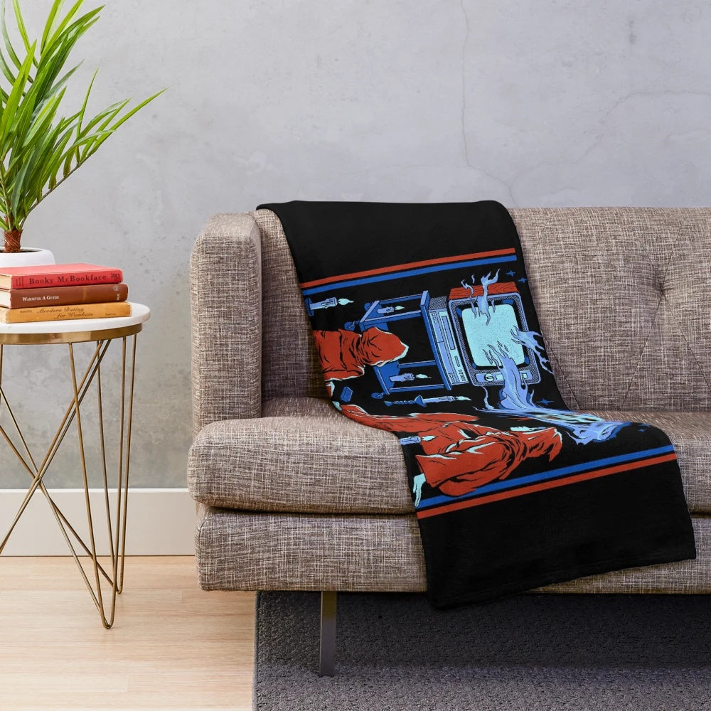 Retro movie fan plush blanket featuring horror and cult movie inspired graphics
