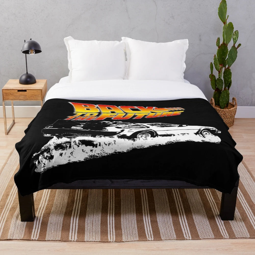 Back to the Future inspired Delorean plush blanket with fire tracks stencil design
