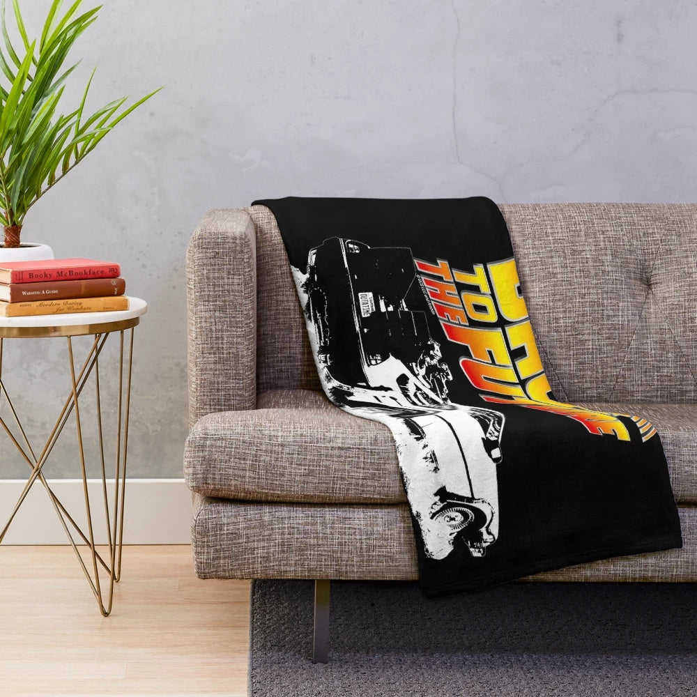 Back to the Future inspired Delorean plush blanket with fire tracks stencil design