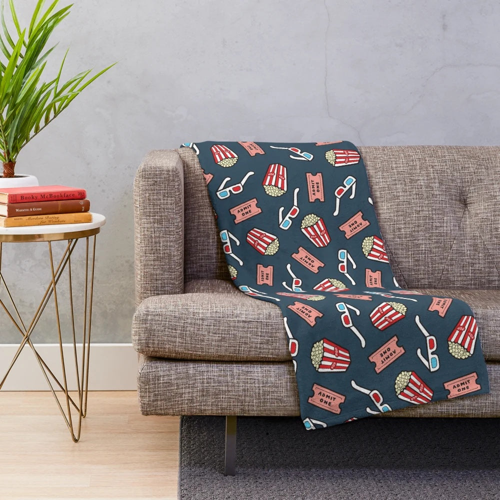 Retro movie pattern plush blanket in dark blue color