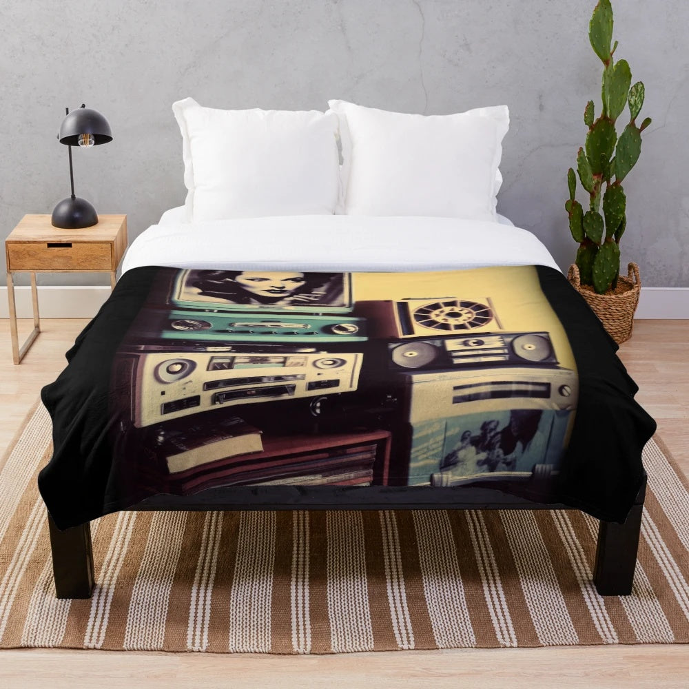 Retro movie inspired plush blanket with classic film decor