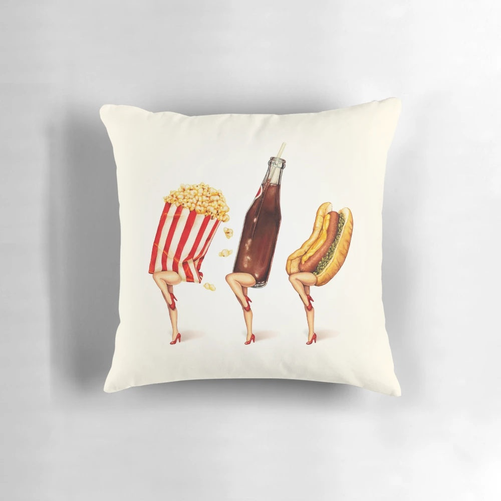 Retro movie theater concession girls pillow with popcorn, soda, and hot dog graphics