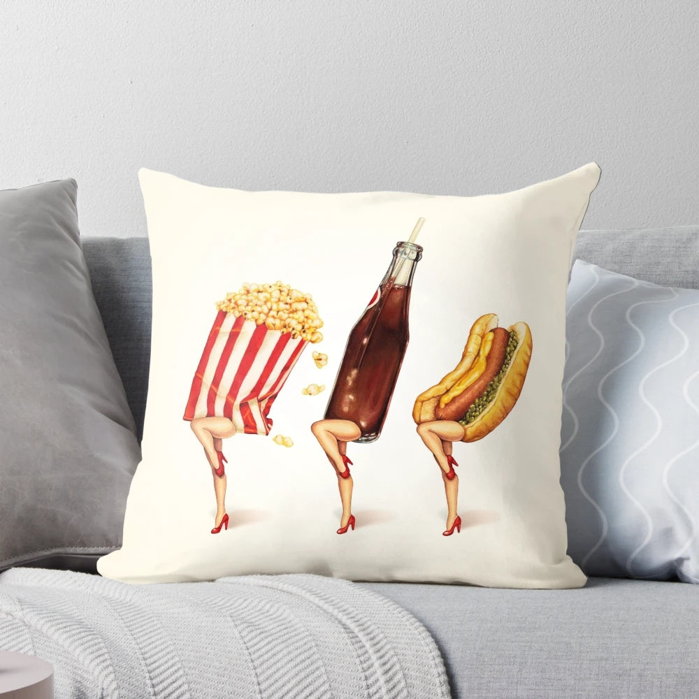Retro movie theater concession girls pillow with popcorn, soda, and hot dog graphics