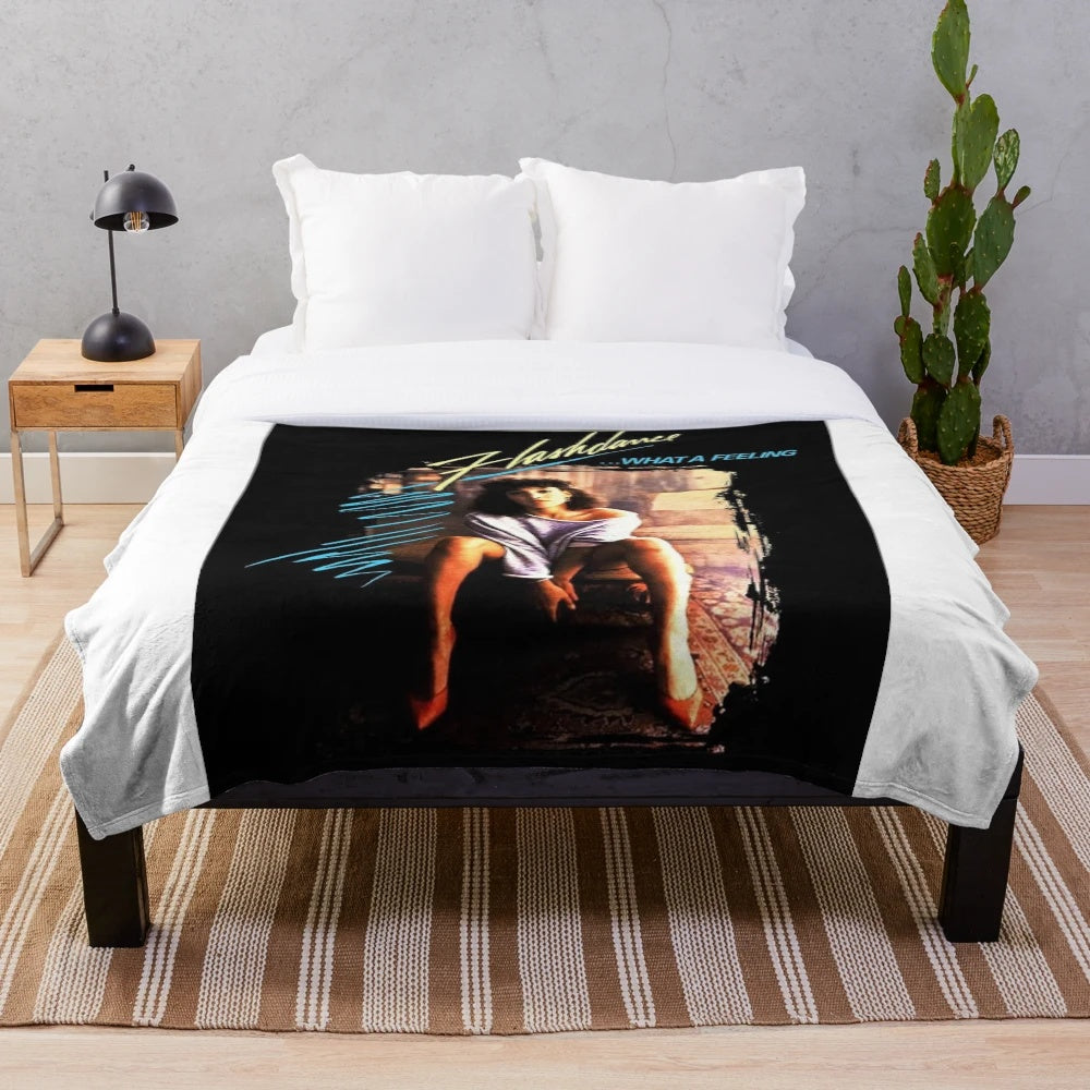 Retro movie-themed plush blanket featuring Flashdance imagery