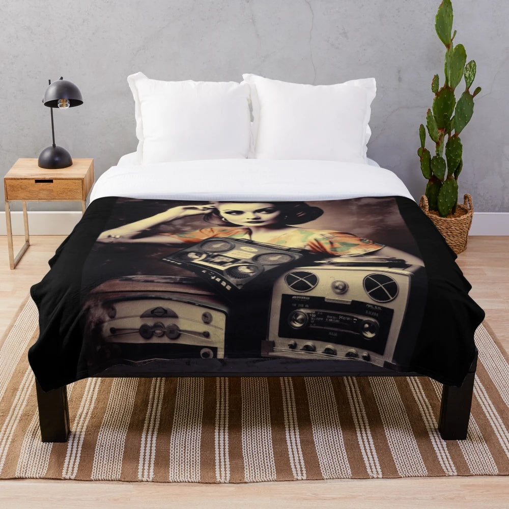 Plush blanket with a retro movie design, evoking the golden age of cinema