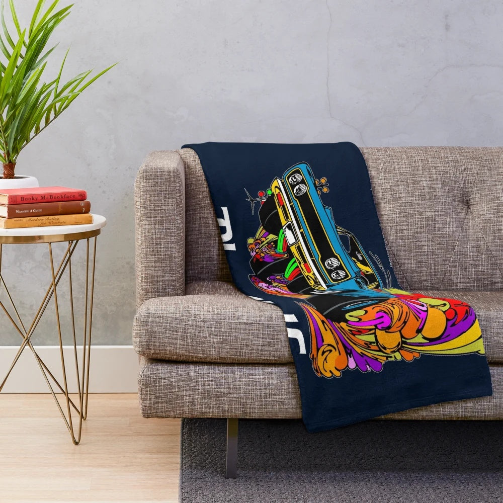 Retro muscle car plush blanket featuring vintage 1970s American car design