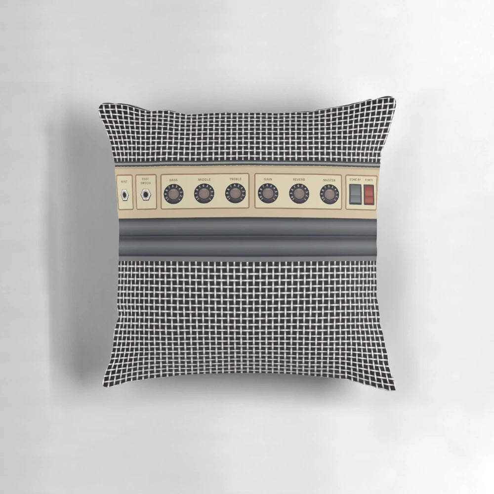 A plush music amplifier-shaped pillow in a vintage, retro design