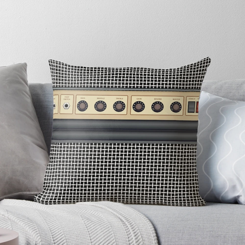 A plush music amplifier-shaped pillow in a vintage, retro design