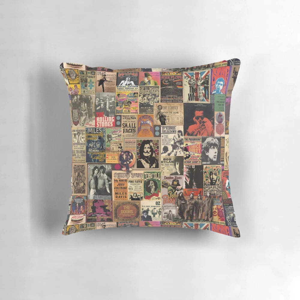 Vibrant retro music-themed decorative pillow with a rock and roll collage design
