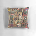 Vibrant retro music-themed decorative pillow with a rock and roll collage design