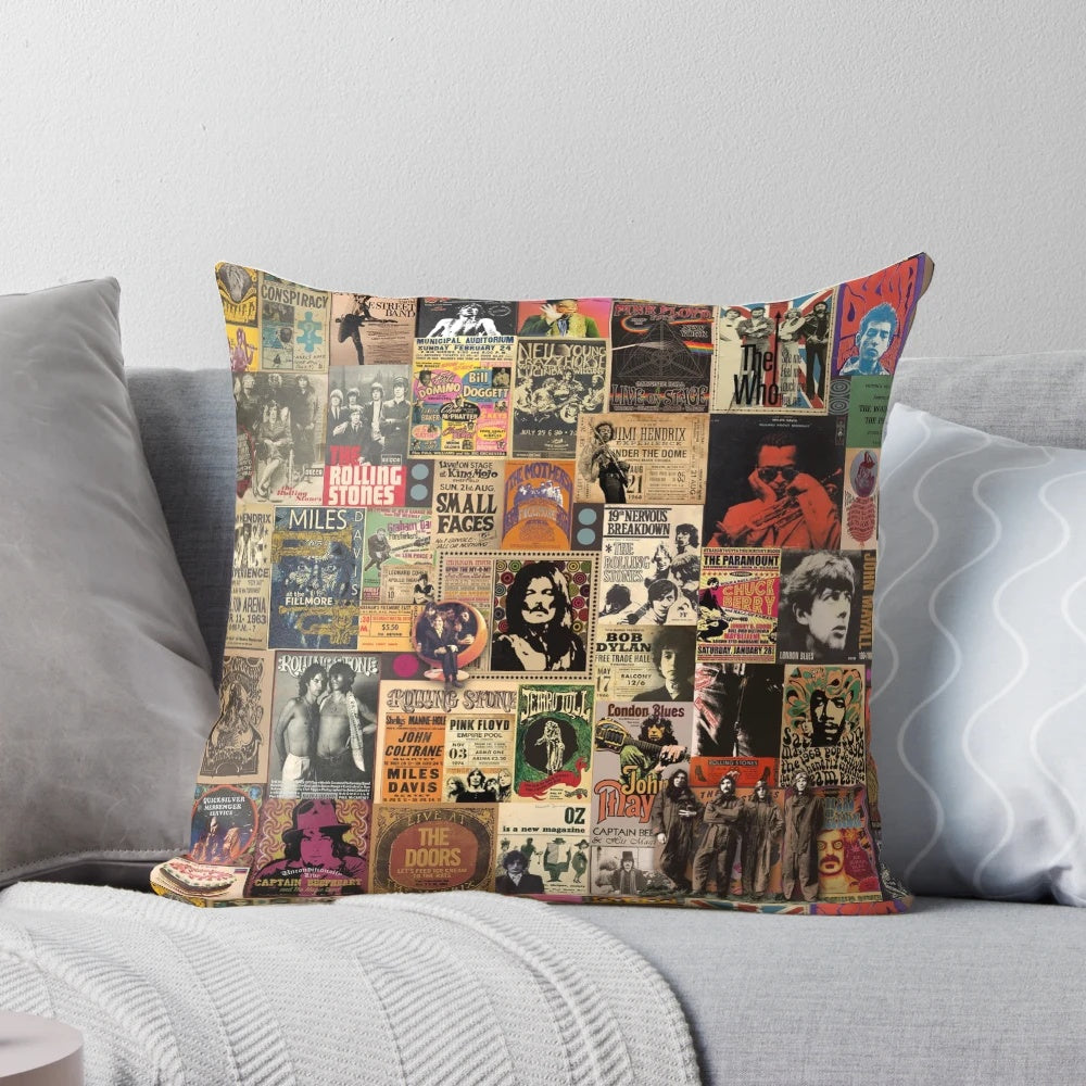 Vibrant retro music-themed decorative pillow with a rock and roll collage design